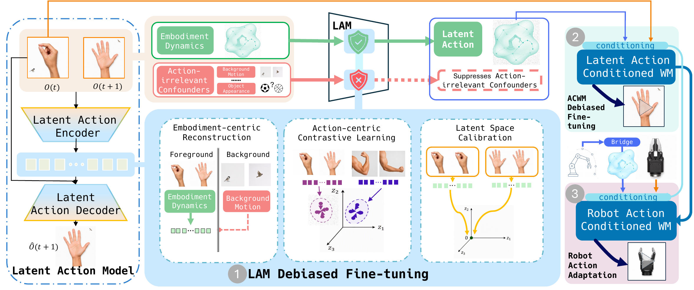 CD-LAM pipeline: Stage 1 LAM debiased fine-tuning, Stage 2 ACWM debiased fine-tuning, Stage 3 robot action based training.